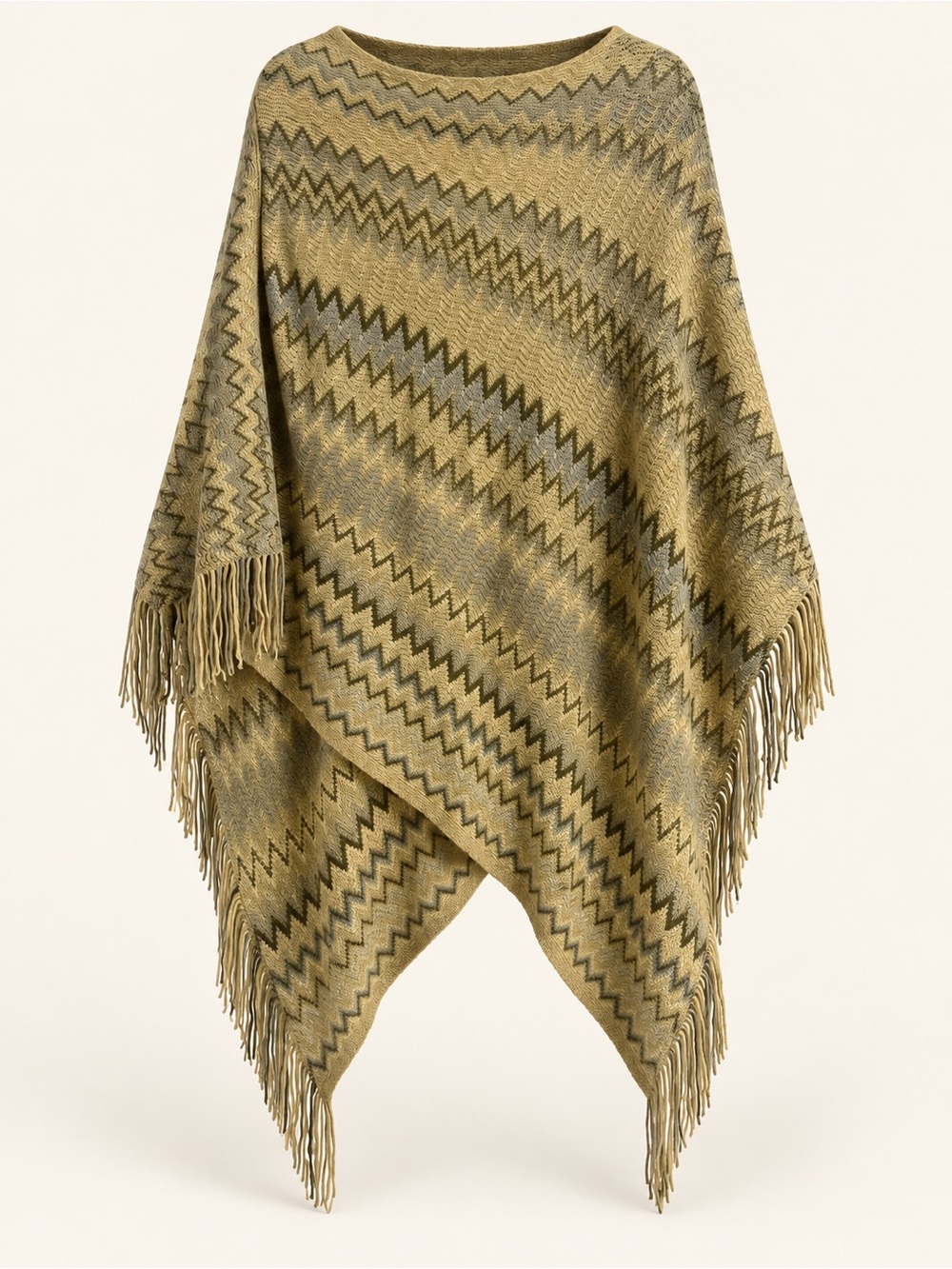 Women’s Chevron Knit Fringe Poncho Wrap Mustard Gray One Size Boho